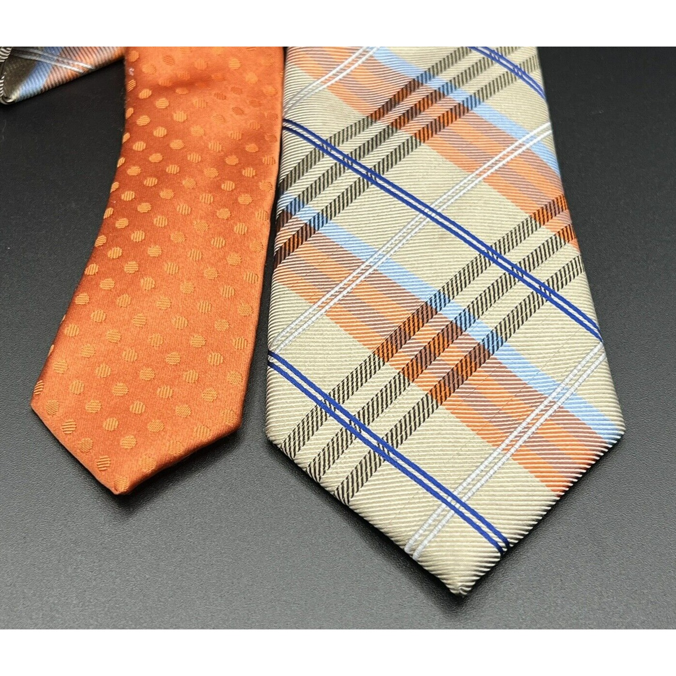 Very Perry Ellis 100% Silk Neck Tie ~ Orange And Blue Plaid Polka Dot~ 59" X 3"